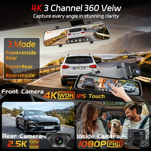 Alt view image 3 of 7 - L09 12" 4K Mirror Dash Cam and Backup Camera with Front and Rear Dual Cameras, Built-in GPS, Wi-Fi, Loop Recording, G-Sensor, WDR, and HDR Night Vision, Includes 128GB Memory Card