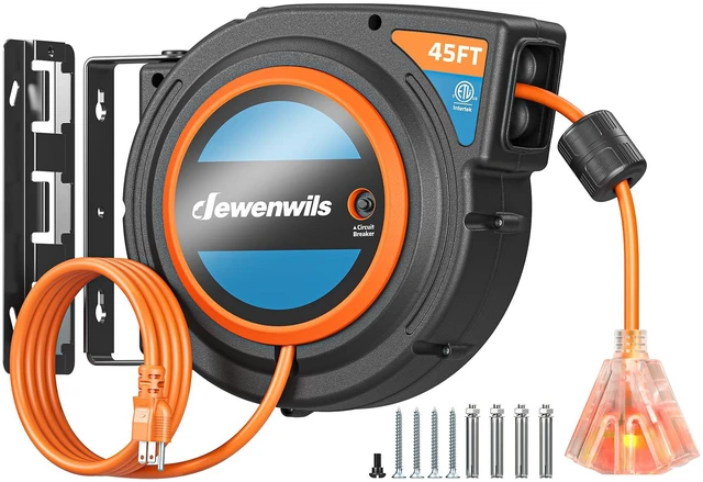 Main image of 45FT Retractable Extension Cord Reel with Twist-lock Stopper, 12/3C/15A SJTOW Power Cord Reel, Lightweight and Portable, for Home Maintenance, Garages, Workshops, ETL Listed, Orange