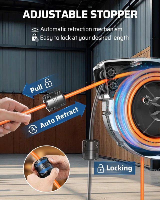 Alt view image 3 of 4 - 45FT Retractable Extension Cord Reel with Twist-lock Stopper, 12/3C/15A SJTOW Power Cord Reel, Lightweight and Portable, for Home Maintenance, Garages, Workshops, ETL Listed, Orange