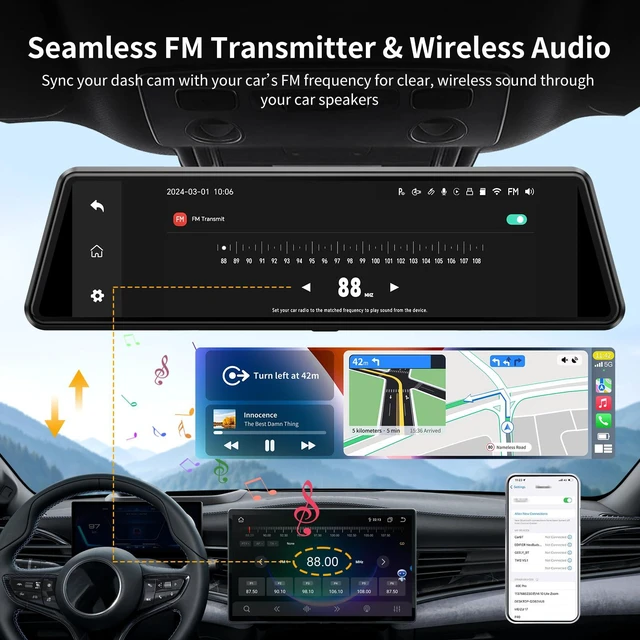 Alt view image 6 of 7 - C810 CarPlay Mirror Dash Cam Front and Rear - 2.5K Rear View Mirror Camera, HDR Night Vision, FM/Wireless Audio, DIY 10-Min Install, Extreme Temp Resistant for Snowbelt & Vintage Cars
