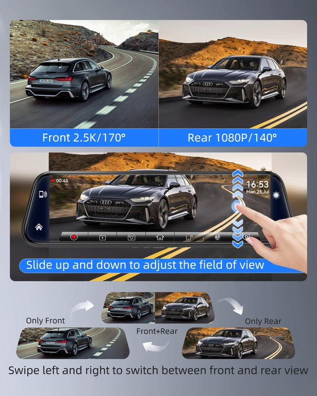 Alt view image 5 of 7 - 2.5K Mirror Dash Cam with Carplay&Android Auto,10" Rear View Mirror Camera for Cars/Trucks with Voice Control/ 64GB Card/Touch Screen/Parking Monitor/Reverse Assist/Dual Loop Record/WDR Tech