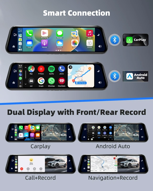 Alt view image 3 of 7 - 2.5K Mirror Dash Cam with Carplay&Android Auto,10" Rear View Mirror Camera for Cars/Trucks with Voice Control/ 64GB Card/Touch Screen/Parking Monitor/Reverse Assist/Dual Loop Record/WDR Tech