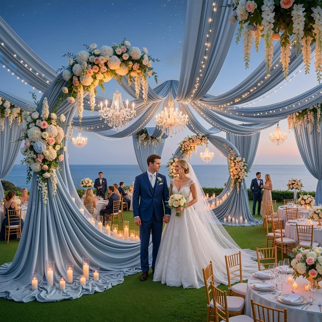 Main image of 20ftx40ft Dusty Blue Ceiling Curtain for Wedding Parties 4 Panels Wrinkle-Free 40 FT Long Tent Draping Curtains for Wedding, Birthday & Theme Parties, 40ft Height with Rod Pocket