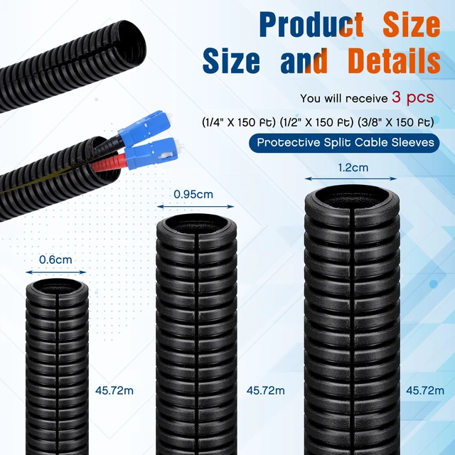 Alt view image 2 of 4 - 1/4", 1/2", 3/8" x 150ft Split Wire Loom Tubing Assortment Black Flexible Corrugated Cable Sleeve Polyethylene Electrical Wire Protector Cord Cover for Automotive Harness Home & Pet Safe