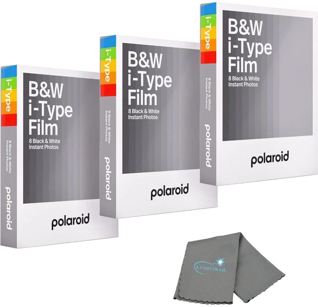 Main image of Polaroids Black & White Instant Film, 3 Pack, 24 Photos, B&W Film Works with Polaroid i-Type Cameras, Now, Now+, I-2, & Lab, Bundle with a Lens Cleaning Cloth