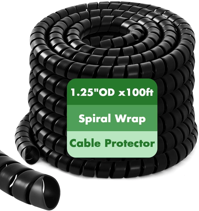 Main image of 1 Pcs Spiral Wrap Cable Protector, Safe 1.25" Od X 100' Pre Cut Lengths Hydraulic Hose Protector Wrap to Avoid Wear and Extend Life for Hydraulic Pneumatic Hoses (Black)