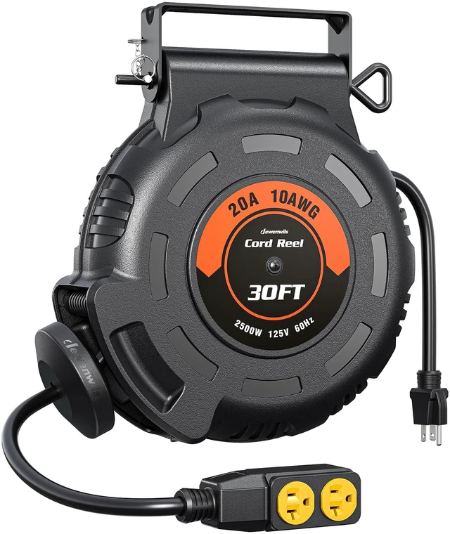 Main image of 20Amp Retractable Extension Cord Reel, 30FT 2500W Heavy Duty Power Cord Reel, 10AWG/3C SJTW Industrial Cable, 4 Grounded Outlets, 180° Swivel Bracket for Garage Workshop Construction Site