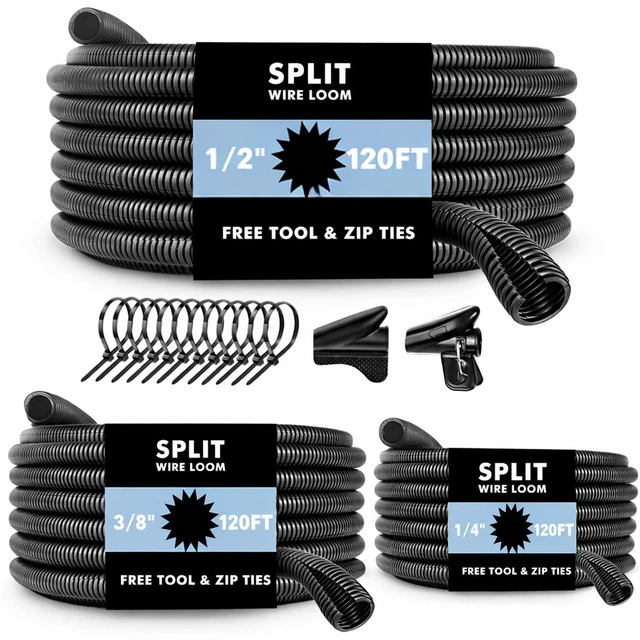 Main image of Automotive Wire Loom Flame Retardant Split Wire Loom Tubing Assortment Wiring Loom Kit Plastic Cover Electrical Covering Conduit Protective Wire Wrap Cable Sleeves Black 1/4", 1/2", 3/8" x 120 Ft