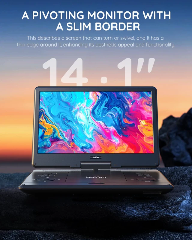 Alt view image 2 of 4 - 15.7" Portable DVD Player with 14.1" Large Screen Support, HDMI Input, 5 Hrs Rechargeable Battery, Sync TV/Projector, USB/SD, Region Free, Dual Speaker, Multiple Disc Formats, Black