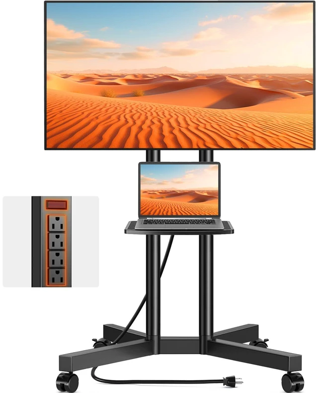 Main image of Rolling TV Stand with Power Outlet for 32-75 Inch LCD LED OLED Flat Curved Screen TVs up to 88 lbs, Portable TV Stand on Wheels and Height Adjustment Max VESA 400x400mm