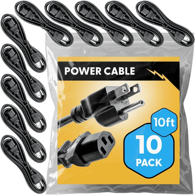 Main image of UL Approved 10ft Universal Power Cord (10 Pack) - IEC C13 to NEMA 5-15P Computer Monitor Cable for IT Departments, Data Centers & Bulk Purchasing - 18AWG 10A 125V