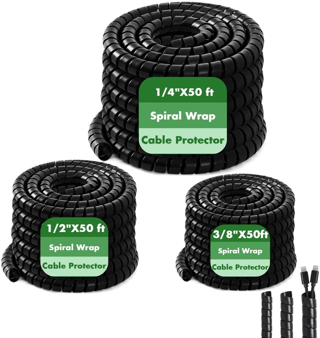 Main image of 3 Pcs Spiral Wrap Cable Protector, Safe 1/4" +1/2"+3/8" Od x 50 FT Pre Cut Lengths Hydraulic Hose Protector Wrap to Avoid Wear and Extend Life for Hydraulic Pneumatic Hoses (Black)