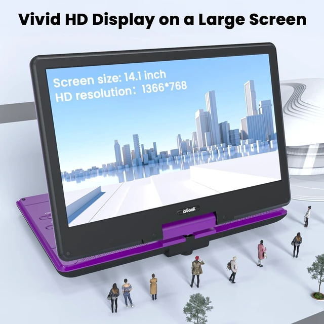 Alt view image 2 of 7 - 15.9" Portable DVD Player, 14.1" Large Screen, HDMI Input, Purple Home Entertainment, Kids & Seniors, 6-Hour Battery, TV Stick & Gaming Support, USB/SD Playback, Region Free, Resume Playback