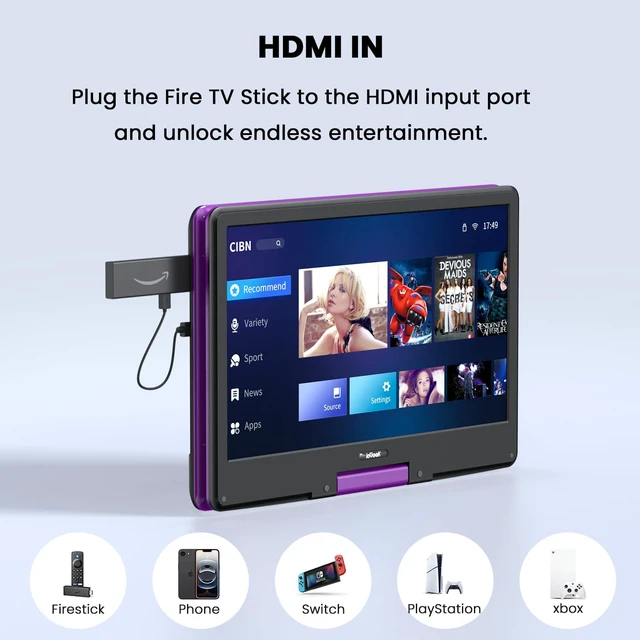 Alt view image 3 of 7 - 15.9" Portable DVD Player, 14.1" Large Screen, HDMI Input, Purple Home Entertainment, Kids & Seniors, 6-Hour Battery, TV Stick & Gaming Support, USB/SD Playback, Region Free, Resume Playback