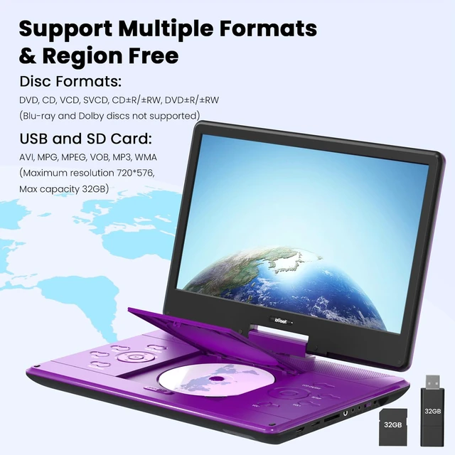 Alt view image 4 of 7 - 15.9" Portable DVD Player, 14.1" Large Screen, HDMI Input, Purple Home Entertainment, Kids & Seniors, 6-Hour Battery, TV Stick & Gaming Support, USB/SD Playback, Region Free, Resume Playback