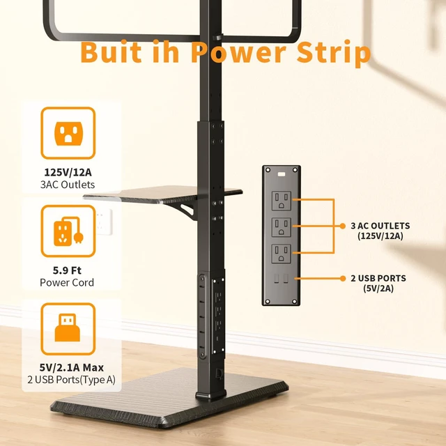 Alt view image 2 of 4 - Universal Floor TV Stand, TV Floor Mount Stand with Power Outlet & Removable Shelf for 32-75 inch TV up to 110 lbs, Swivel and Height Adjustable Tall TV Stand for Bedroom(TCP01-2-M-A01)
