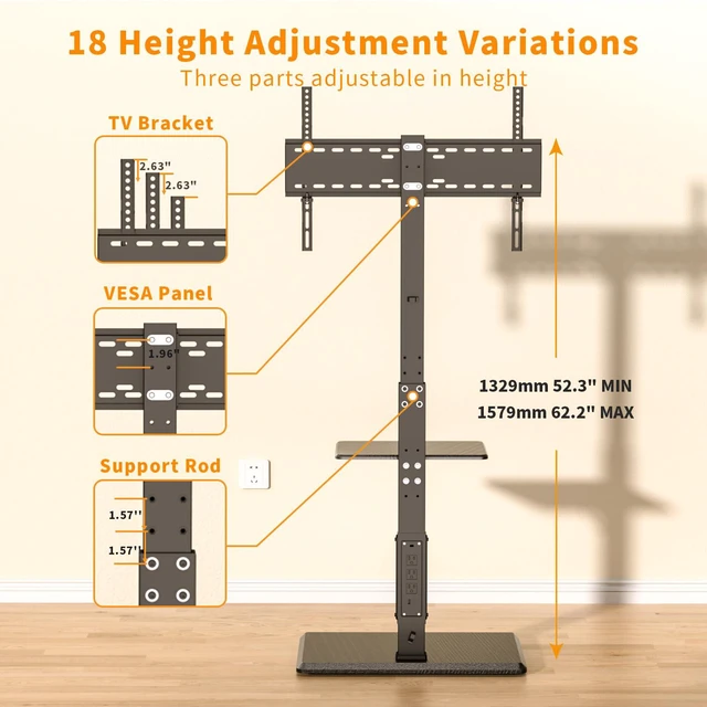 Alt view image 3 of 4 - Universal Floor TV Stand, TV Floor Mount Stand with Power Outlet & Removable Shelf for 32-75 inch TV up to 110 lbs, Swivel and Height Adjustable Tall TV Stand for Bedroom(TCP01-2-M-A01)
