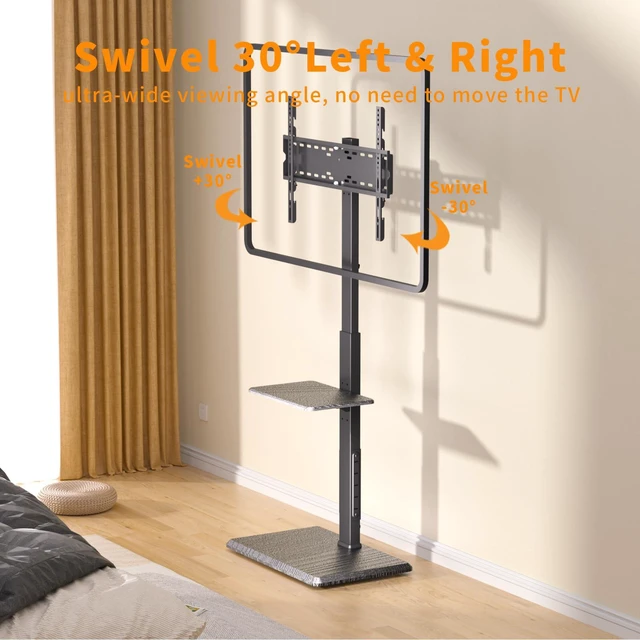 Alt view image 4 of 4 - Universal Floor TV Stand, TV Floor Mount Stand with Power Outlet & Removable Shelf for 32-75 inch TV up to 110 lbs, Swivel and Height Adjustable Tall TV Stand for Bedroom(TCP01-2-M-A01)