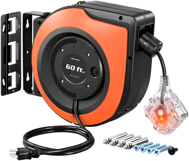 Main image of 6 Grounded Outlets Retractable Extension Cord Reel, 60FT Heavy Duty Power Cord, Llluminatedn/off Switch, Wall/Ceiling Mounted for Garage, Workshop, ETL Listed
