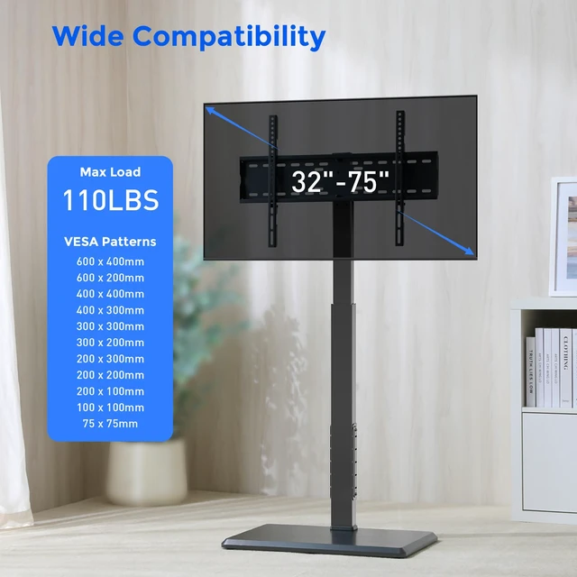 Alt view image 2 of 4 - Universal Floor TV Stand,TV Floor Mount Stand with Power Outlet for 32-75 inch TV up to 110 lbs, Swivel and Height Adjustable Tall TV Stand for Bedroom,Office(TCP01-M-A01)