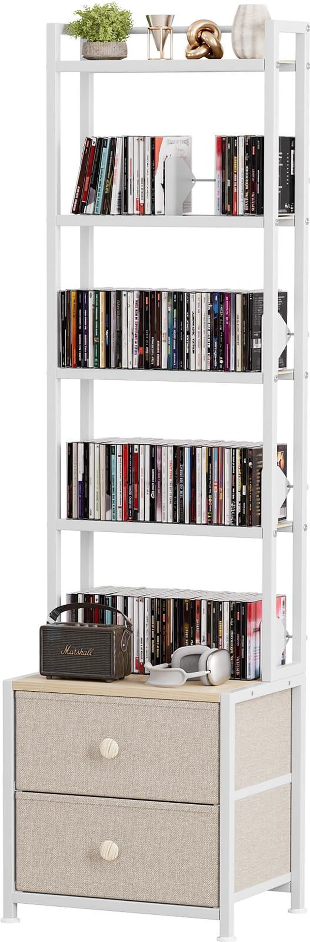 Main image of CD Storage Rack with Drawer, 5-Tier DVD Organizer Shelf w/Adjustable Book Stoppers, Media Storage Rack for CD/DVD, Books & Games, Ideal for Living Room & Home Office 15.7x11.8x56.5Inches