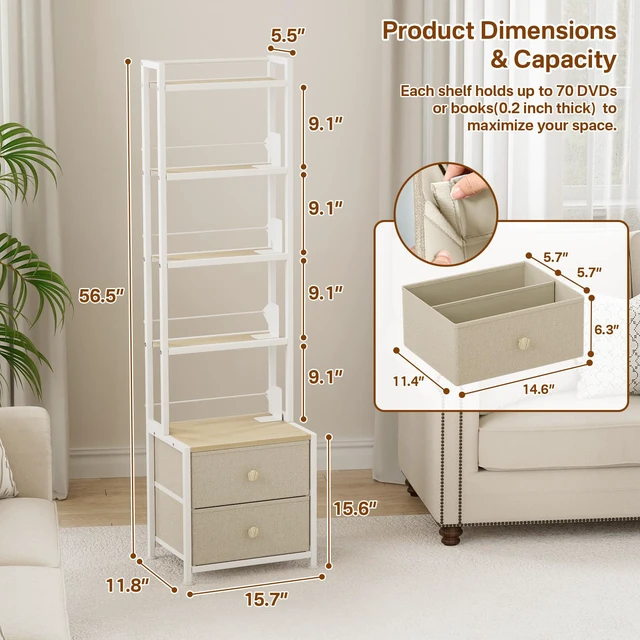 Alt view image 3 of 4 - CD Storage Rack with Drawer, 5-Tier DVD Organizer Shelf w/Adjustable Book Stoppers, Media Storage Rack for CD/DVD, Books & Games, Ideal for Living Room & Home Office 15.7x11.8x56.5Inches
