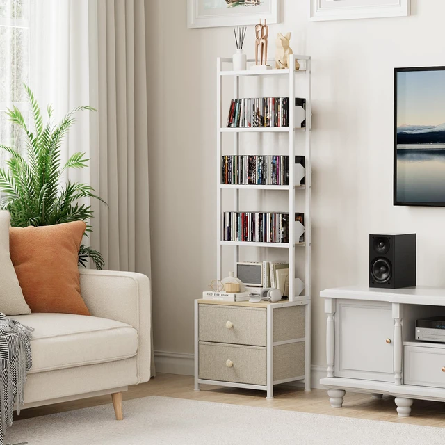 Alt view image 2 of 4 - CD Storage Rack with Drawer, 5-Tier DVD Organizer Shelf w/Adjustable Book Stoppers, Media Storage Rack for CD/DVD, Books & Games, Ideal for Living Room & Home Office 15.7x11.8x56.5Inches