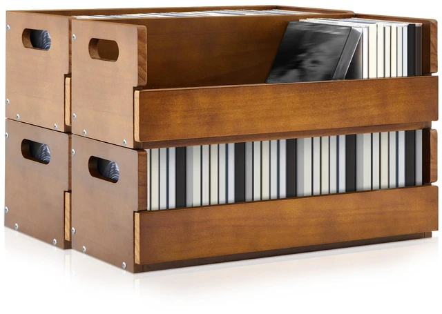 Main image of 4 Set Wooden CD Storage Box Holder Shelf Cassette Tape Display Racks with Carrying Handles, Organizer Shelf for Movie Cases, DVDs, Each Set Can Store up to 36 Pcs CDs (Brown)