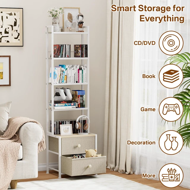Alt view image 4 of 4 - CD Storage Rack with Drawer, 5-Tier DVD Organizer Shelf w/Adjustable Book Stoppers, Media Storage Rack for CD/DVD, Books & Games, Ideal for Living Room & Home Office 15.7x11.8x56.5Inches