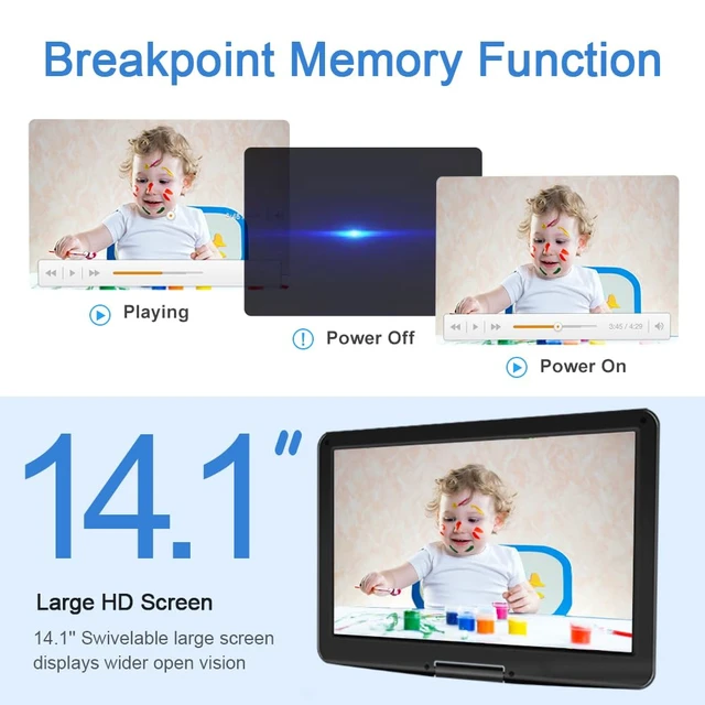 Alt view image 2 of 7 - 16.9" Portable DVD Player with 14.1" HD Screen, USB/SD Card 5-6 Hour Battery, Support Multiple Disc Formats, Sync TV, Powerful Dual Speakers, for Kids & Car, Black