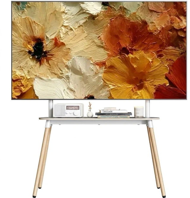 Main image of Easel Floor TV Stand with Storage for 49-86 inch TVs, Height Adjustable 4-Leg Universal TV Stand with Cable Management & Protective Pads, Holds 110 lbs for Living Room, Office, School, White