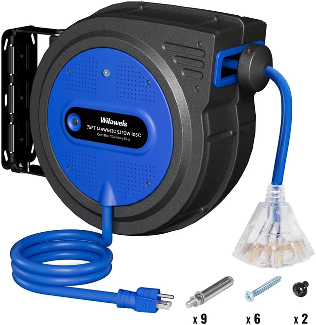 Main image of 75 FT Retractable Extension Cord Reel, Heavy Duty Extension Cord, 14AWG/3C SJTOW, 3 Grounded Outlets Lighted Triple Tap, 10A Circuit Breaker, Wall/Ceiling Mounted, ETL Listed, Blue U75ACR06