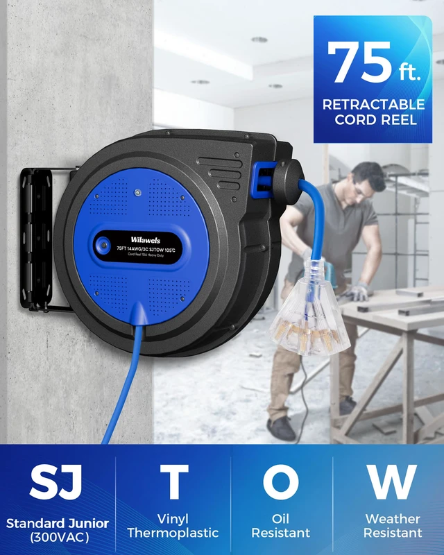 Alt view image 2 of 4 - 75 FT Retractable Extension Cord Reel, Heavy Duty Extension Cord, 14AWG/3C SJTOW, 3 Grounded Outlets Lighted Triple Tap, 10A Circuit Breaker, Wall/Ceiling Mounted, ETL Listed, Blue U75ACR06