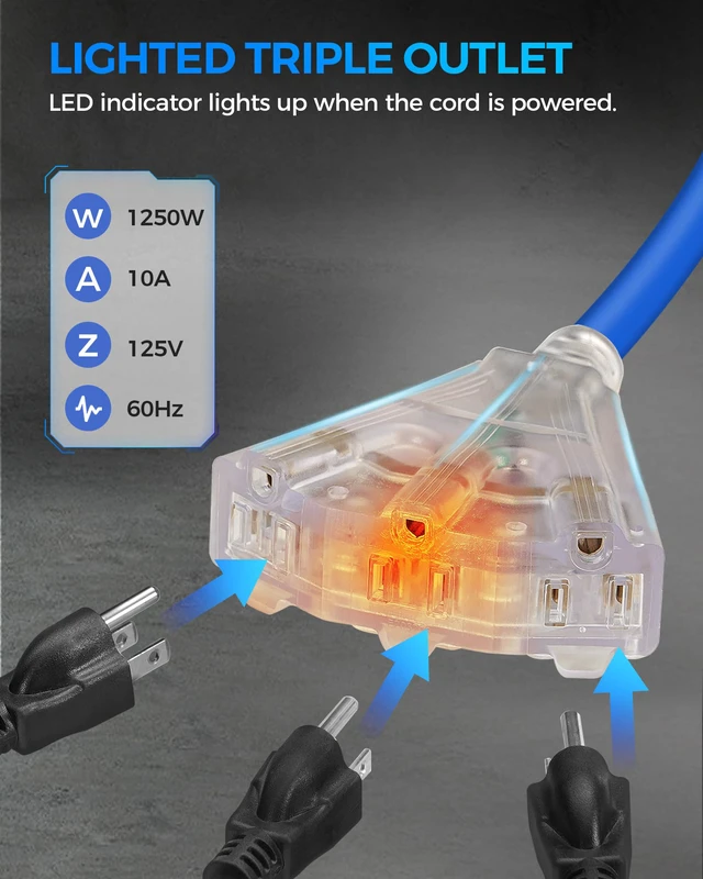 Alt view image 3 of 4 - 75 FT Retractable Extension Cord Reel, Heavy Duty Extension Cord, 14AWG/3C SJTOW, 3 Grounded Outlets Lighted Triple Tap, 10A Circuit Breaker, Wall/Ceiling Mounted, ETL Listed, Blue U75ACR06