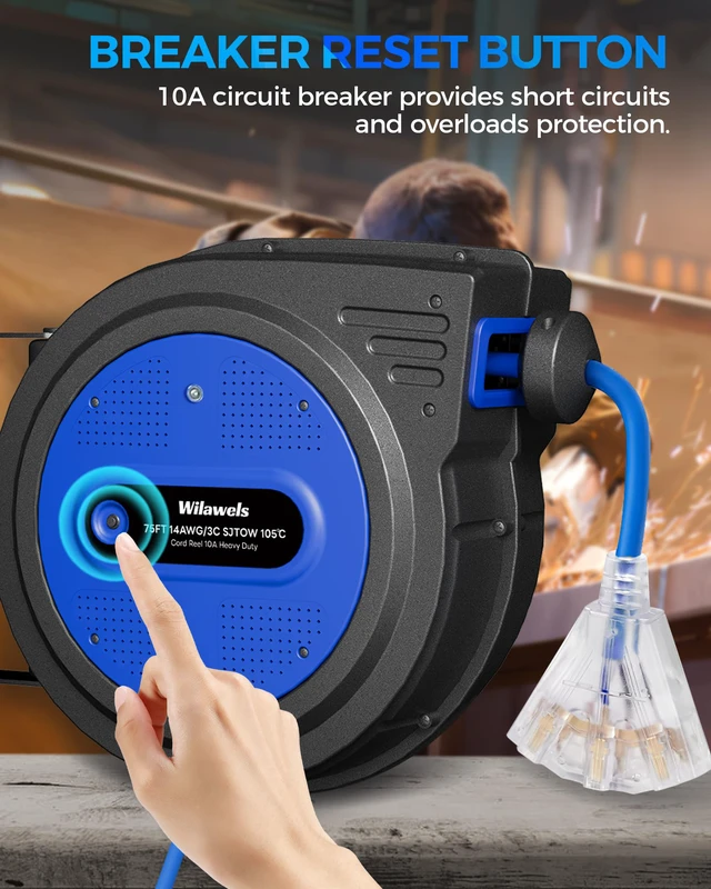 Alt view image 4 of 4 - 75 FT Retractable Extension Cord Reel, Heavy Duty Extension Cord, 14AWG/3C SJTOW, 3 Grounded Outlets Lighted Triple Tap, 10A Circuit Breaker, Wall/Ceiling Mounted, ETL Listed, Blue U75ACR06