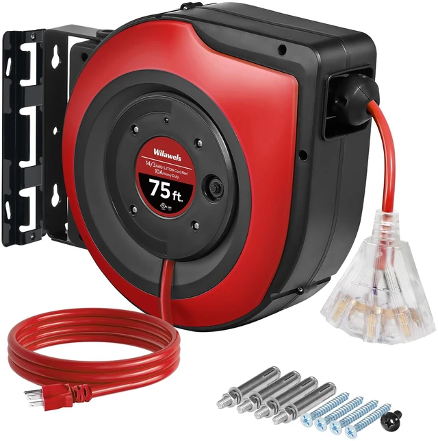 Main image of Retractable Extension Cord Reel, 75 FT Heavy Duty Extension Cord, 14AWG/3C SJTOW, 3 Grounded Outlets Lighted Triple Tap, 10A Circuit Breaker, Wall/Ceiling Mounted, UL Listed, Red R75CR06