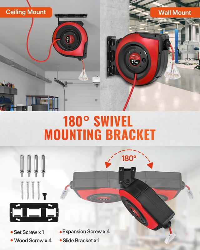 Alt view image 2 of 4 - Retractable Extension Cord Reel, 75 FT Heavy Duty Extension Cord, 14AWG/3C SJTOW, 3 Grounded Outlets Lighted Triple Tap, 10A Circuit Breaker, Wall/Ceiling Mounted, UL Listed, Red R75CR06