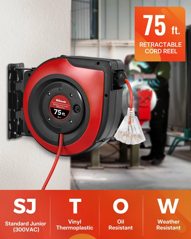 Alt view image 3 of 4 - Retractable Extension Cord Reel, 75 FT Heavy Duty Extension Cord, 14AWG/3C SJTOW, 3 Grounded Outlets Lighted Triple Tap, 10A Circuit Breaker, Wall/Ceiling Mounted, UL Listed, Red R75CR06
