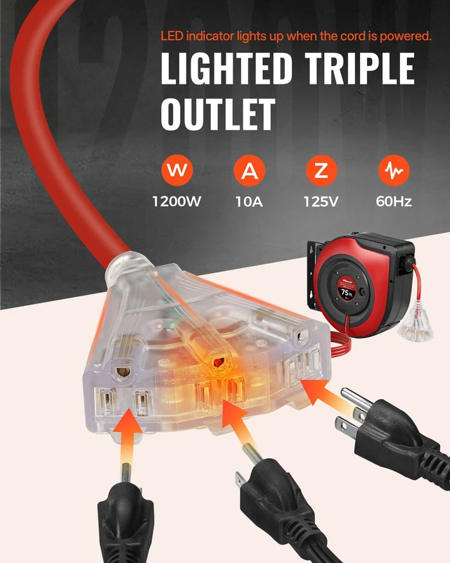 Alt view image 4 of 4 - Retractable Extension Cord Reel, 75 FT Heavy Duty Extension Cord, 14AWG/3C SJTOW, 3 Grounded Outlets Lighted Triple Tap, 10A Circuit Breaker, Wall/Ceiling Mounted, UL Listed, Red R75CR06