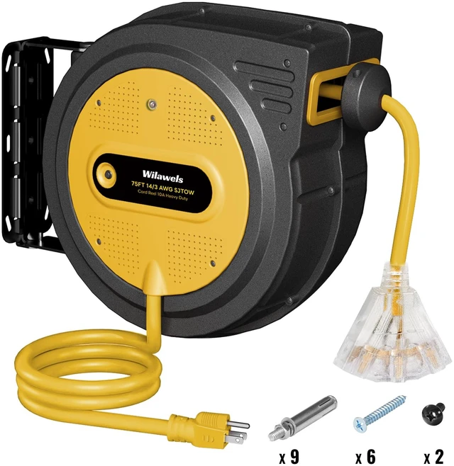 Main image of 75 FT Retractable Extension Cord Reel, Heavy Duty Power Cord, 14AWG/3C SJTOW, 3 Grounded Outlets Lighted Triple Tap, 10A Circuit Breaker, Wall/Ceiling Mounted, ETL Listed, Yellow Y75ACR06