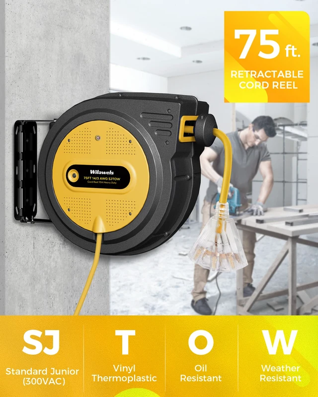 Alt view image 2 of 4 - 75 FT Retractable Extension Cord Reel, Heavy Duty Power Cord, 14AWG/3C SJTOW, 3 Grounded Outlets Lighted Triple Tap, 10A Circuit Breaker, Wall/Ceiling Mounted, ETL Listed, Yellow Y75ACR06