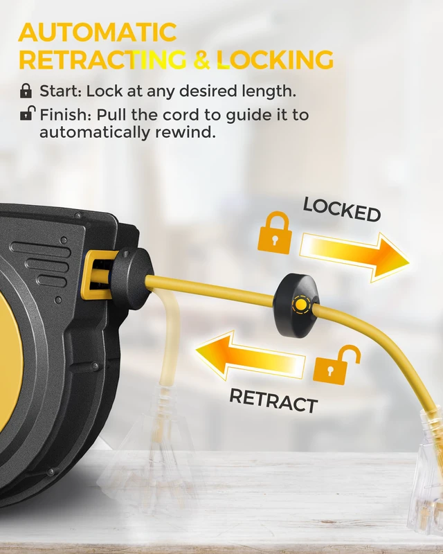 Alt view image 4 of 4 - 75 FT Retractable Extension Cord Reel, Heavy Duty Power Cord, 14AWG/3C SJTOW, 3 Grounded Outlets Lighted Triple Tap, 10A Circuit Breaker, Wall/Ceiling Mounted, ETL Listed, Yellow Y75ACR06