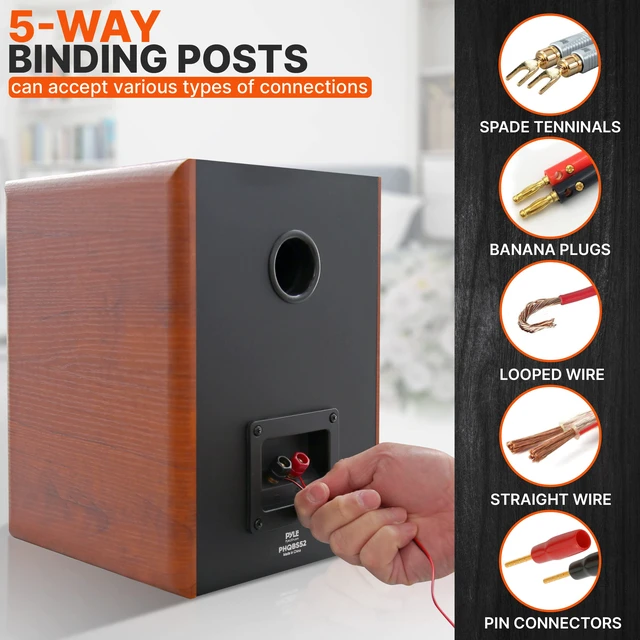 Alt view image 4 of 4 - 5.25" Home Audio Speakers, 2-Way Passive Bookshelf, 200W Max Power, 1" Silk Dome Tweeter, Composite Woofer, Gold Plated 5 Way Binding Post, Rubber Surrounds, Beautiful Wood Grain Finish - Pair