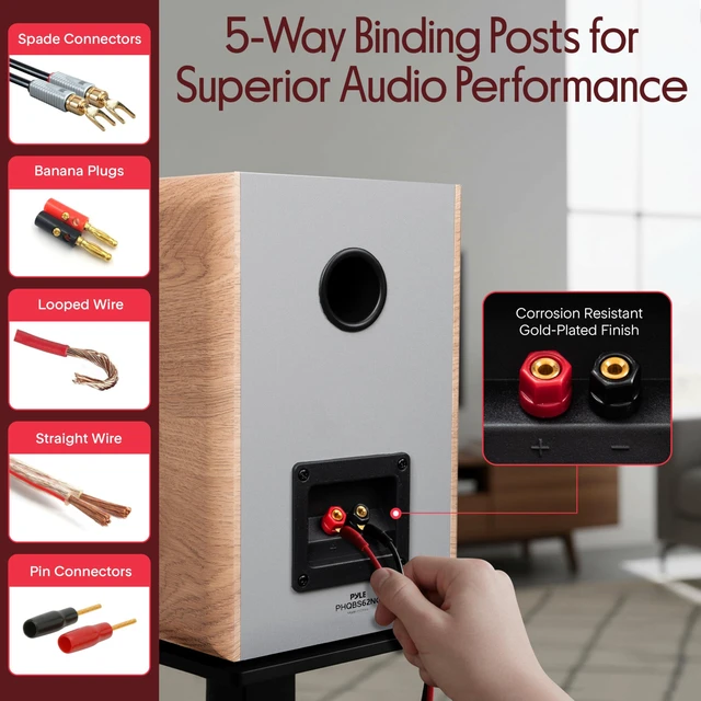 Alt view image 3 of 4 - 6.5" Home Audio Speakers, 2-Way Passive Bookshelf, 240W Max Power, 1" Silk Dome Tweeter, Composite Woofer, Gold Plated 5 Way Binding Post, Rubber Surrounds, Beautiful Wood Grain Finish - Pair