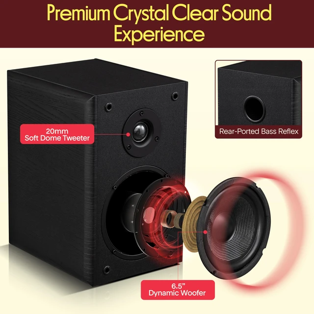 Alt view image 2 of 4 - 6.5 Wired Bookshelf Speakers Pair 2-Way HiFi Home Theater Stereo Speakers with Soft Dome Tweeter, Paper Cone Woofer & Wall Mount Brackets Compact Speaker System, Black