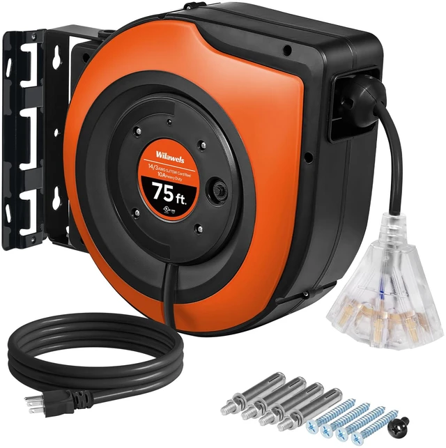 Main image of Retractable Cord Reel, 75 FT Heavy Duty Extension Cord, 14AWG/3C SJTOW, 3 Grounded Outlets Lighted Triple Tap, 10A Circuit Breaker, Wall/Ceiling Mounted, UL Listed, Black B75CR06