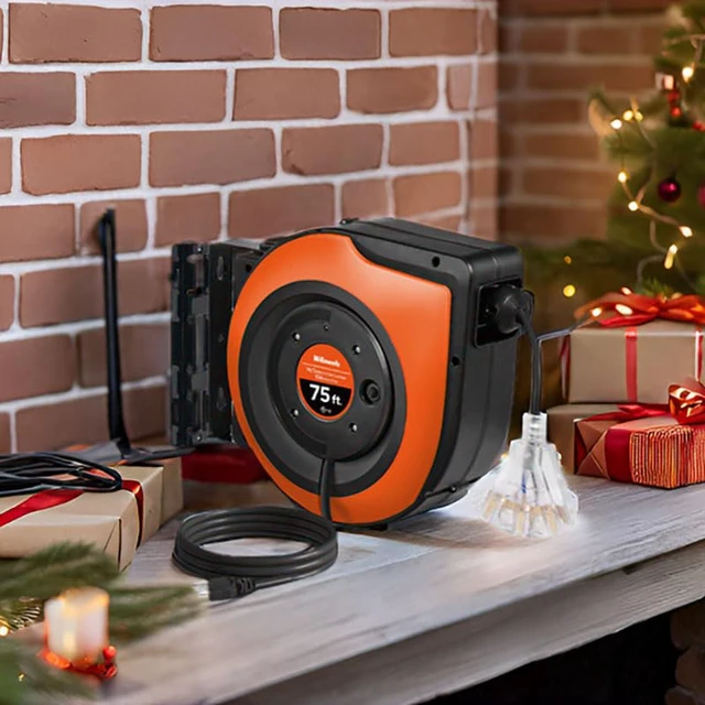 Alt view image 2 of 4 - Retractable Cord Reel, 75 FT Heavy Duty Extension Cord, 14AWG/3C SJTOW, 3 Grounded Outlets Lighted Triple Tap, 10A Circuit Breaker, Wall/Ceiling Mounted, UL Listed, Black B75CR06