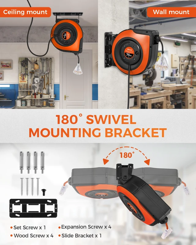 Alt view image 3 of 4 - Retractable Cord Reel, 75 FT Heavy Duty Extension Cord, 14AWG/3C SJTOW, 3 Grounded Outlets Lighted Triple Tap, 10A Circuit Breaker, Wall/Ceiling Mounted, UL Listed, Black B75CR06