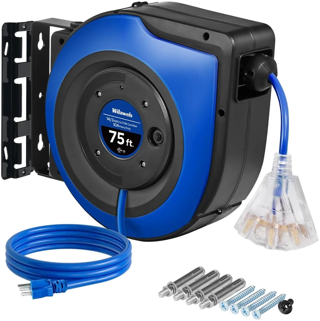 Main image of Retractable Cord Reel, 75 FT Heavy Duty Extension Cord, 14AWG/3C SJTOW, 3 Grounded Outlets Lighted Triple Tap, 10A Circuit Breaker, Wall/Ceiling Mounted, UL Listed, Blue U75CR06