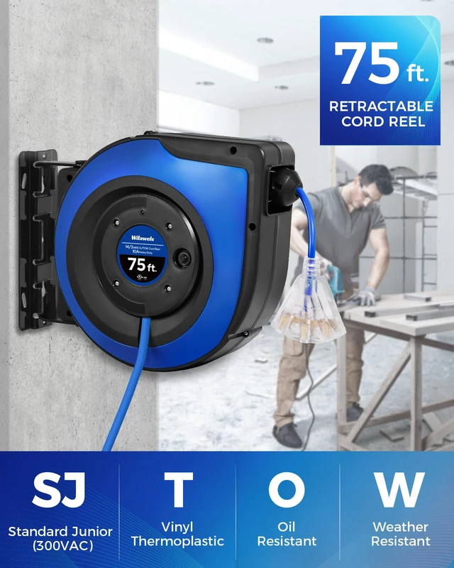 Alt view image 2 of 4 - Retractable Cord Reel, 75 FT Heavy Duty Extension Cord, 14AWG/3C SJTOW, 3 Grounded Outlets Lighted Triple Tap, 10A Circuit Breaker, Wall/Ceiling Mounted, UL Listed, Blue U75CR06
